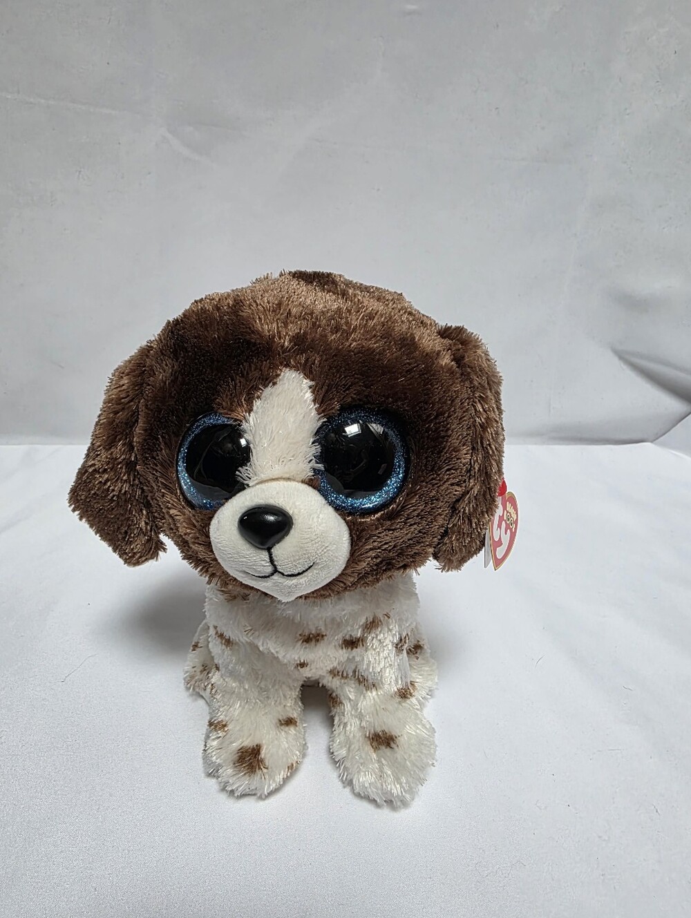 NWT TY Beanie Boo Muddles Dog 6" Brown White Spotted Blue Glitter Eyes